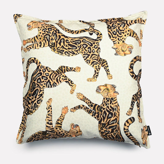 50x50cm double-sided outdoor cushion cover in Cheetah King Stone fabric, featuring a sophisticated design of cheetahs in warm earthy tones on a creamy white background.