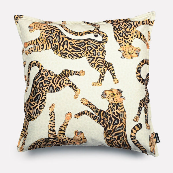 50x50cm double-sided outdoor cushion cover in Cheetah King Stone fabric, featuring a sophisticated design of cheetahs in warm earthy tones on a creamy white background.