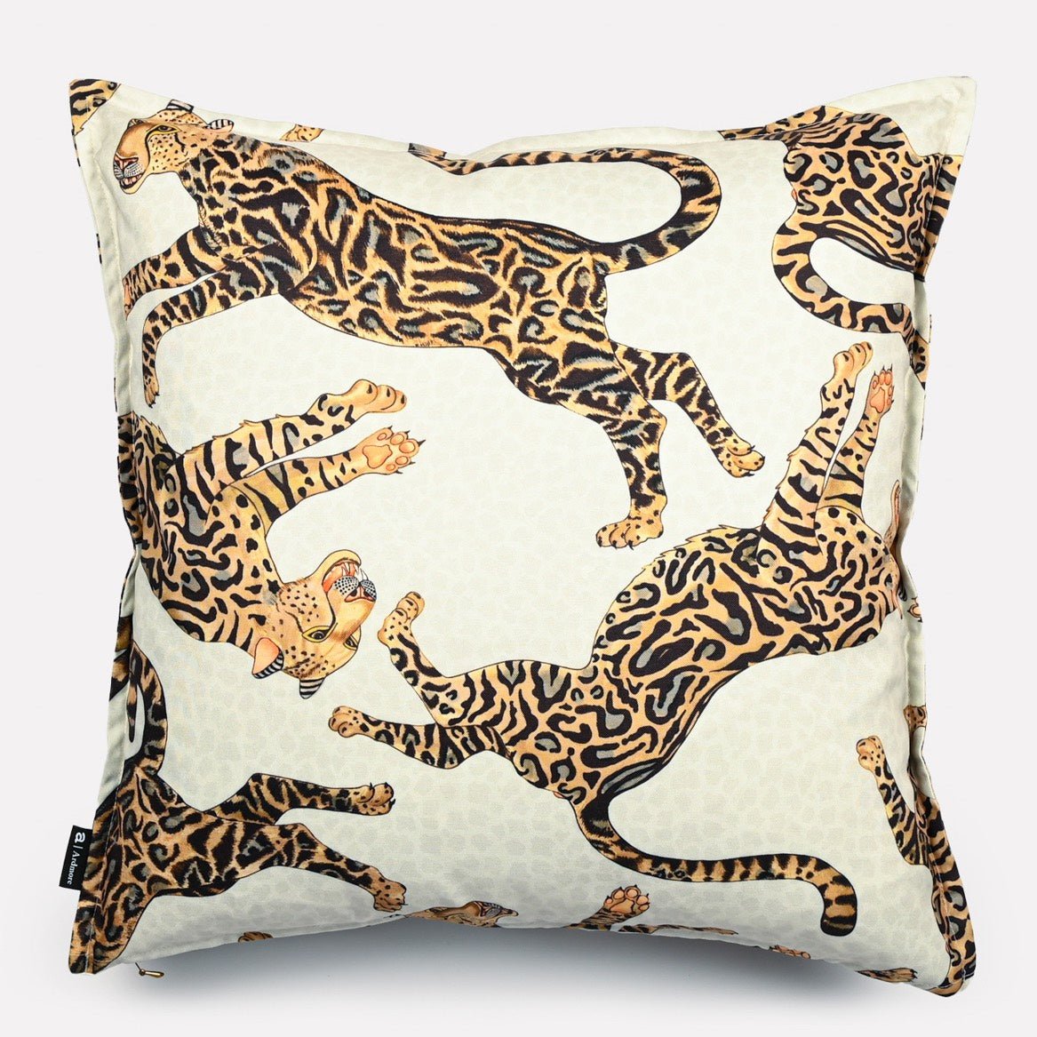Front view of the Cheetah King Stone cushion cover, showcasing an elegant arrangement of cheetah motifs with intricate details and a timeless aesthetic.