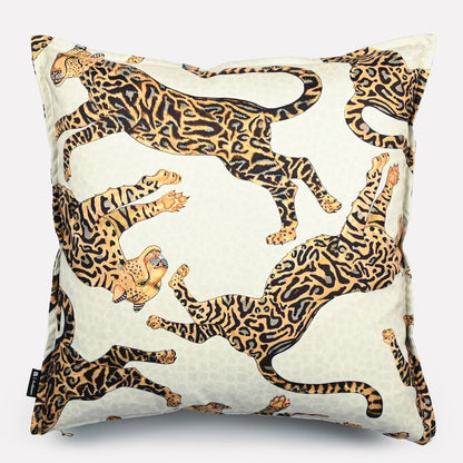 Front view of the Cheetah King Stone cushion cover, showcasing an elegant arrangement of cheetah motifs with intricate details and a timeless aesthetic.
