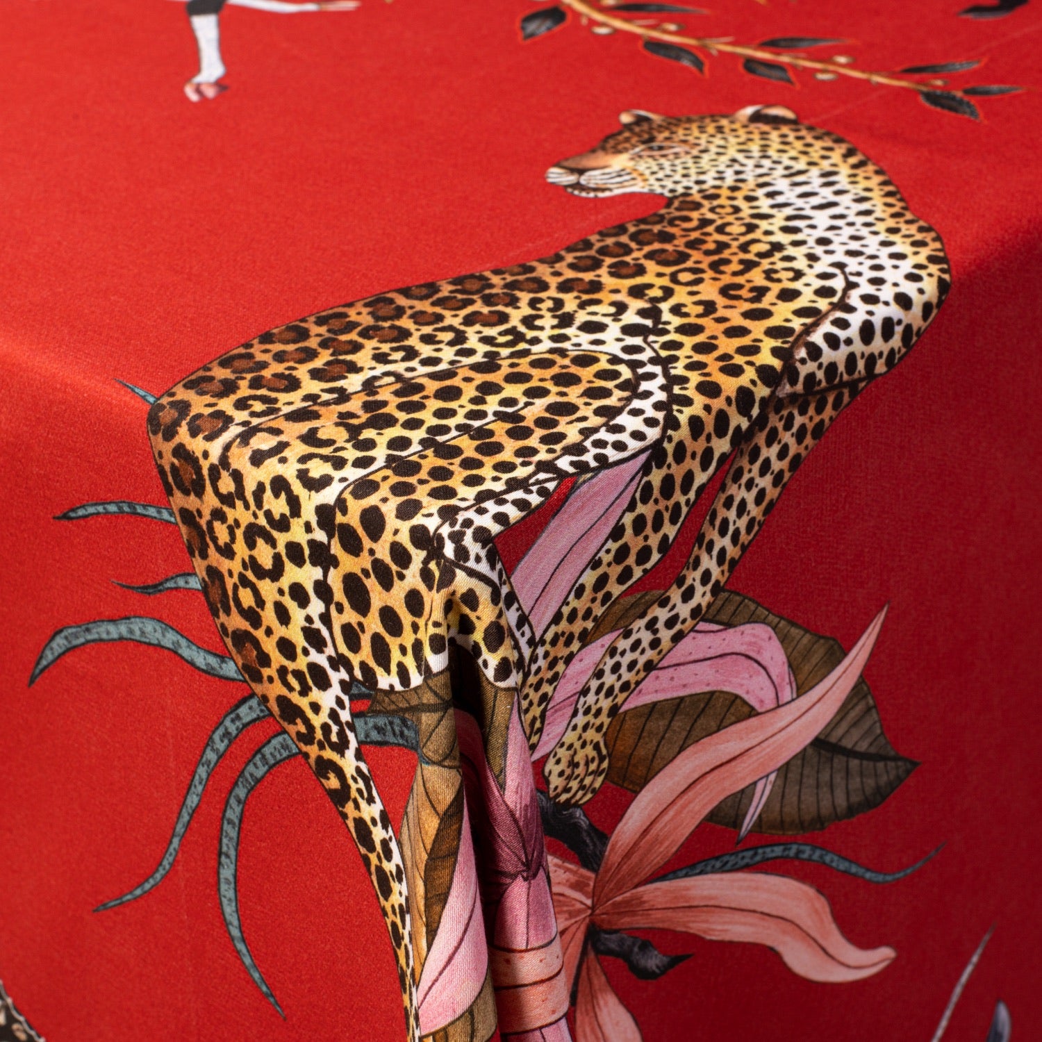 A zoomed-in shot focusing on an intricate botanical and wildlife composition, revealing delicate brushwork and opulent hues.