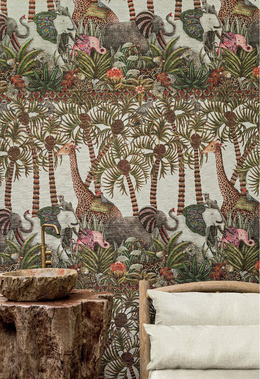 A luxurious living space showcasing the wallpaper’s intricate wildlife parade, featuring elephants, monkeys, and exotic birds in a lush African landscape.