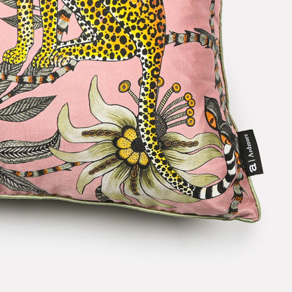 Close-up of the Lovebird Leopards Magnolia Silk Cushion Cover's intricate leopard design and floral accents, demonstrating refined craftsmanship.