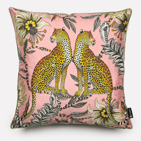 Front view of the Lovebird Leopards Magnolia Silk Cushion Cover, showcasing a soft magnolia pink background with elegant leopard and botanical motifs.