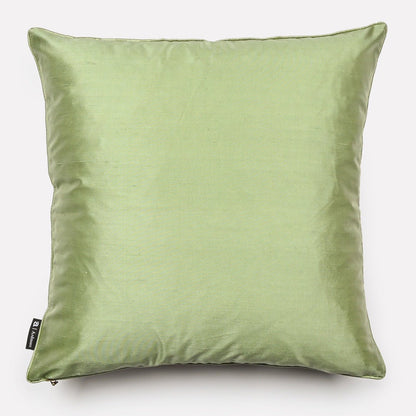 Back view of the Lovebird Leopards Magnolia Silk Cushion Cover in a smooth pistachio green silk, highlighting a minimalistic style.