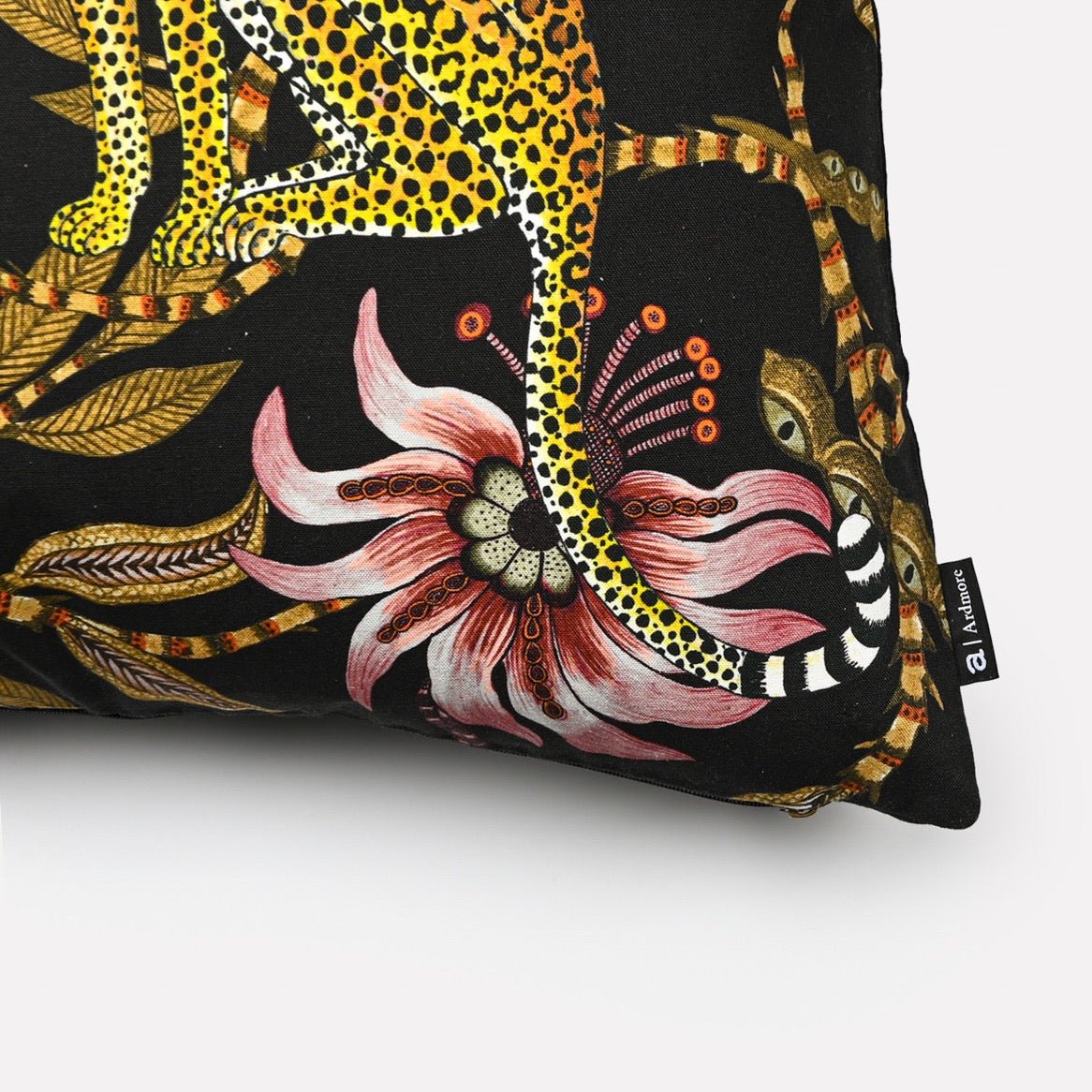 Close-up detail of the Lovebird Leopards Night Cushion Cover highlighting the intricate floral and leopard design.