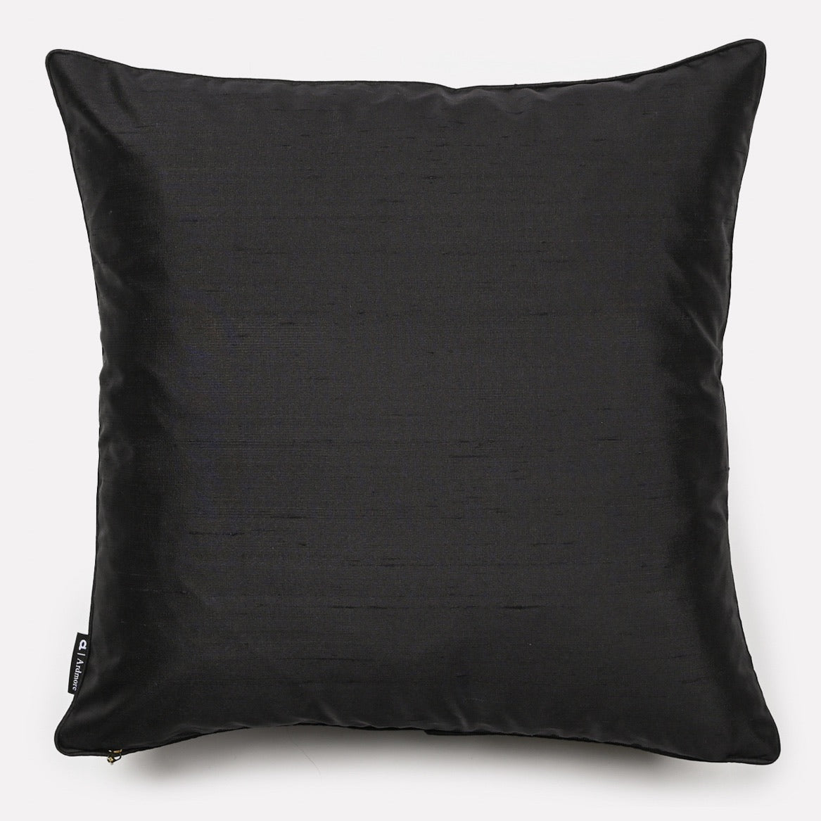 Back view of the Lovebird Leopards Night cushion cover, showcasing a smooth black silk texture for an elegant finish.