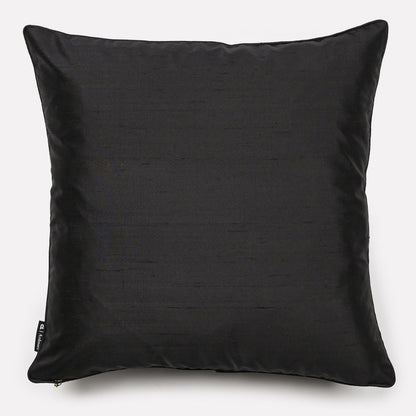 Back view of the Lovebird Leopards Night cushion cover, showcasing a smooth black silk texture for an elegant finish.