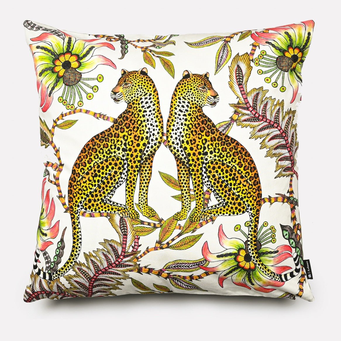 Front view of the Lovebird Leopards Parakeet cushion cover featuring two leopards surrounded by lush floral patterns.