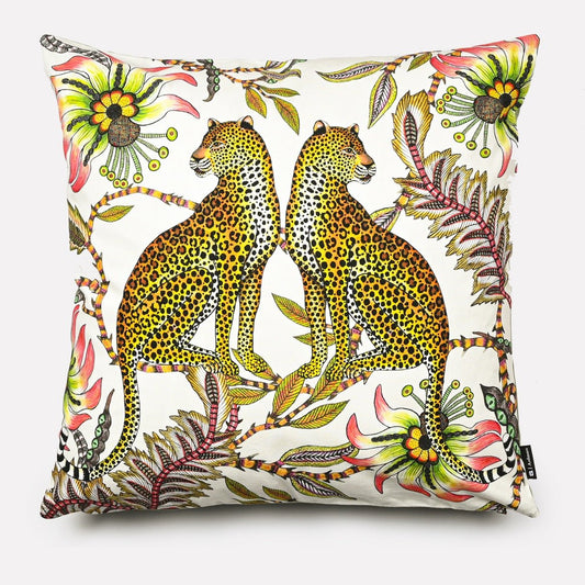 Front view of the Lovebird Leopards Parakeet cushion cover featuring two leopards surrounded by lush floral patterns.
