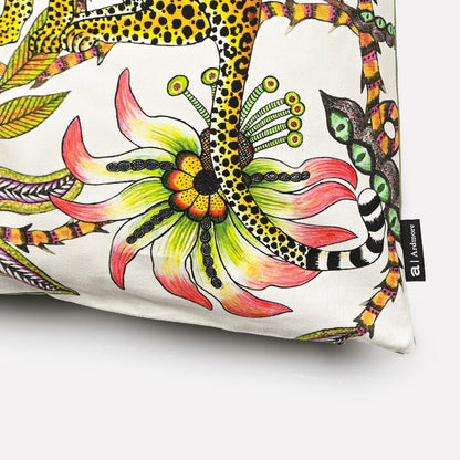 Side view of the Lovebird Leopards Parakeet cushion cover highlighting the detailed floral designs and stitching.