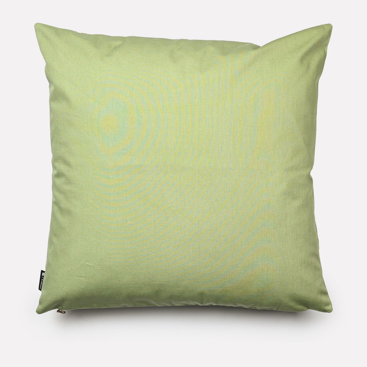 Back view of the Lovebird Leopards Parakeet cushion cover in pistachio green cotton fabric.