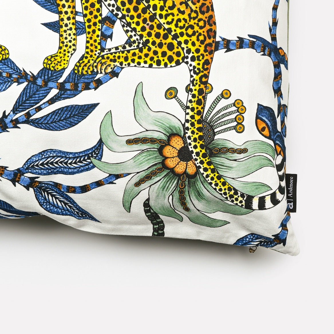 Close-up of the Lovebird Leopards Tanzanite Cushion Cover highlighting the intricate floral and leopard details.