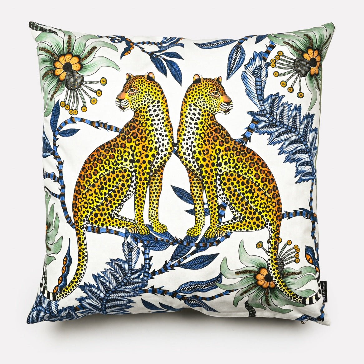 Front view of the Lovebird Leopards Tanzanite Cushion Cover featuring two leopards surrounded by vibrant floral patterns on a white background.