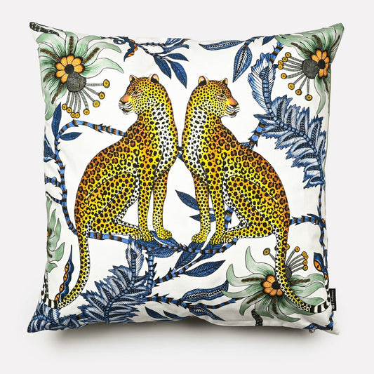 Front view of the Lovebird Leopards Tanzanite Cushion Cover featuring two leopards surrounded by vibrant floral patterns on a white background.