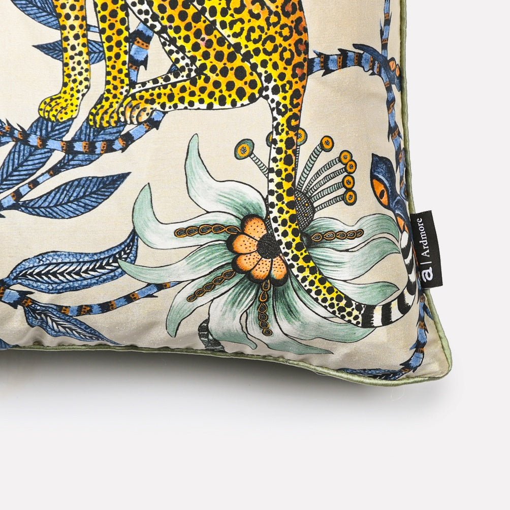Side angle view of the Lovebird Leopards Tanzanite cushion cover, emphasising its intricate floral and leopard print details.
