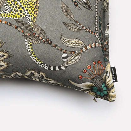 Close-up side view of the Monkey Bean Ash Linen cushion cover highlighting the detailed monkey and floral artwork.