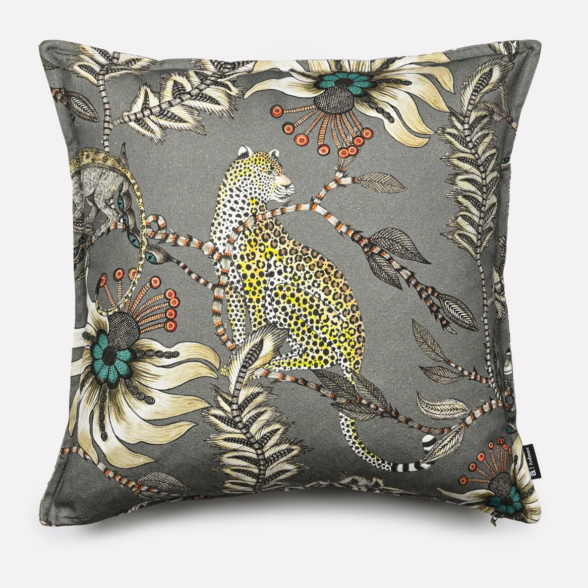 Front view of the Monkey Bean Ash Linen cushion cover featuring a double-sided print with a vibrant monkey and floral design on a grey background.