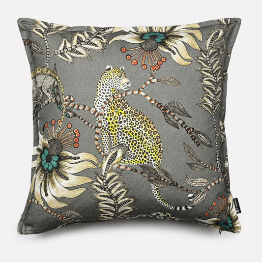 Front view of the Monkey Bean Ash Linen cushion cover featuring a double-sided print with a vibrant monkey and floral design on a grey background.