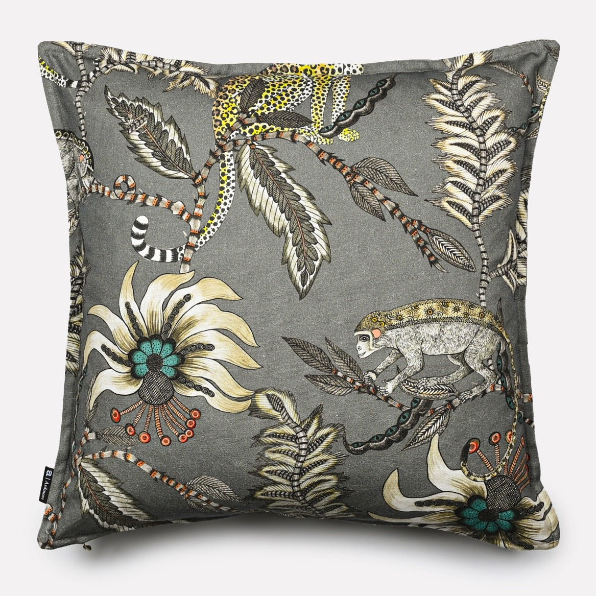 Back view of the Monkey Bean Ash Linen cushion cover showcasing its intricate pattern and smooth fabric texture.