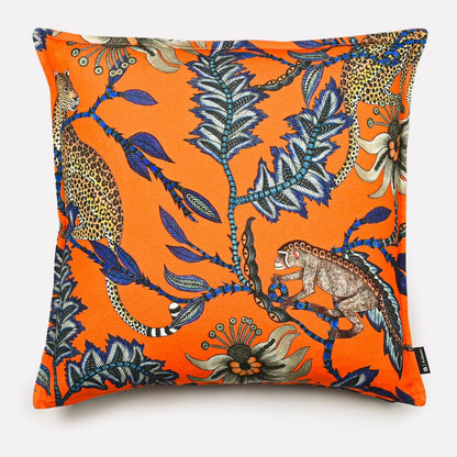 Front view of the Monkey Bean Flame Linen cushion cover featuring vibrant cheetah and floral patterns on a striking orange background.