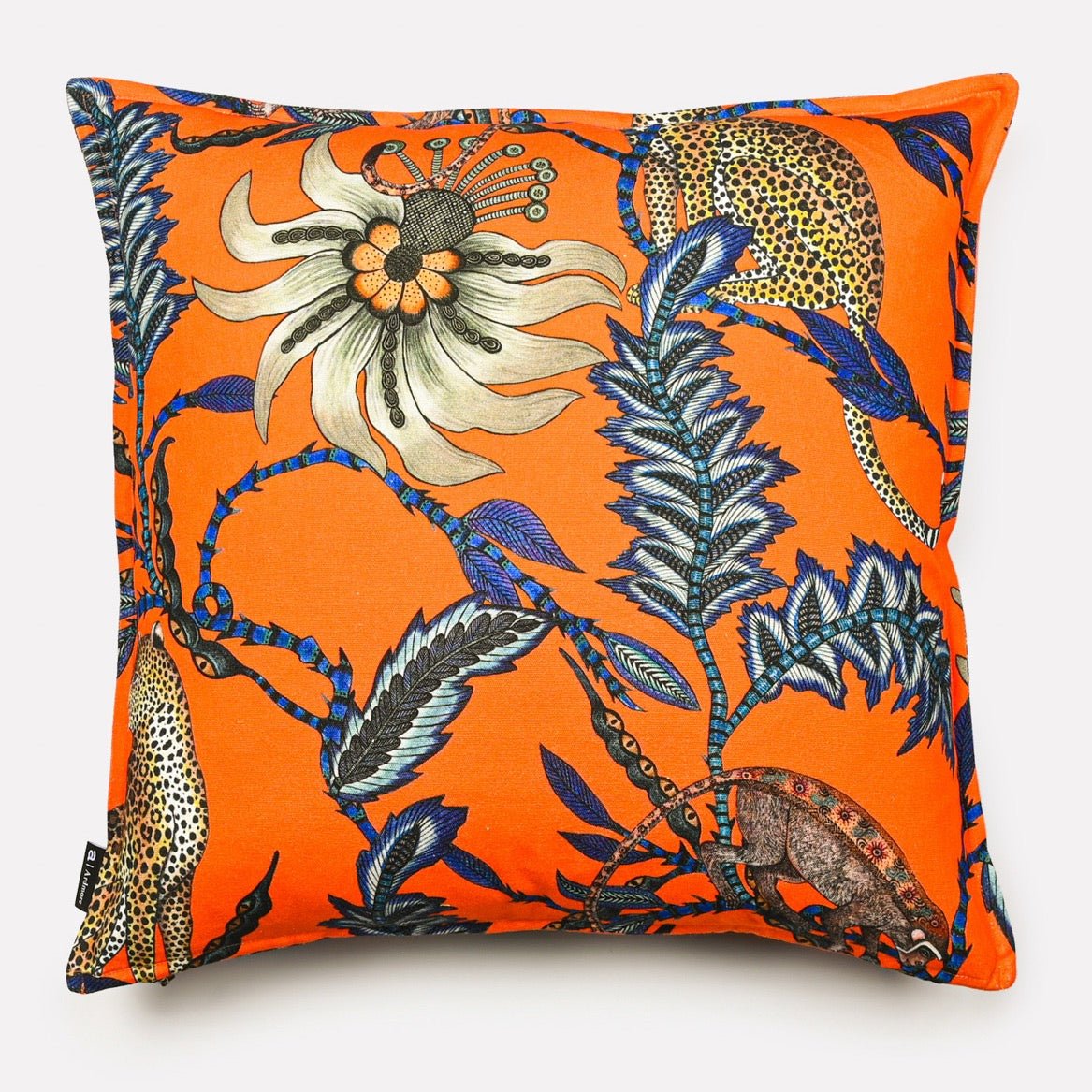 Back view of the Monkey Bean Flame Linen cushion cover, showcasing a blend of intricate floral designs and dynamic colours.