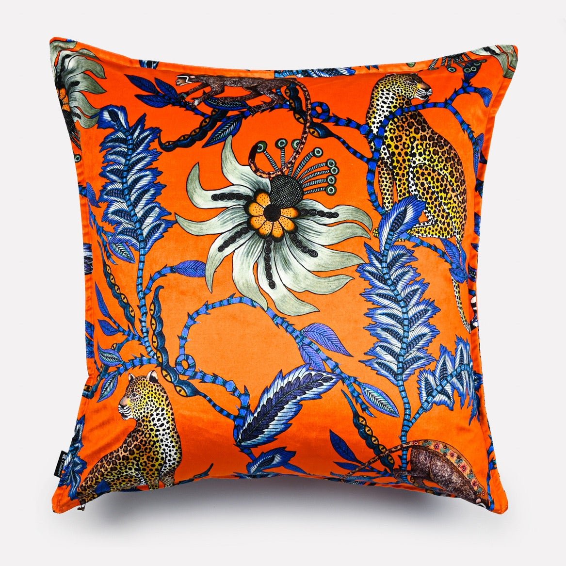 Velvet cushion cover shown from a different angle, highlighting the detailed floral motifs and deep colours of the Monkey Bean Flame design.