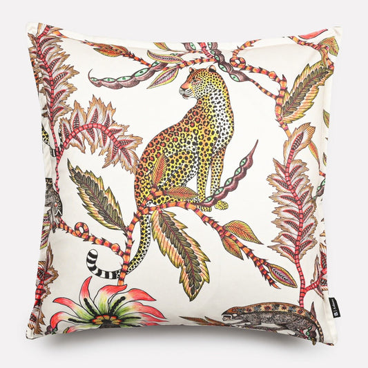 50x50cm double-sided cushion cover in Monkey Bean Parakeet fabric, featuring a vibrant illustration of a leopard perched among tropical foliage and flowers on a white background.