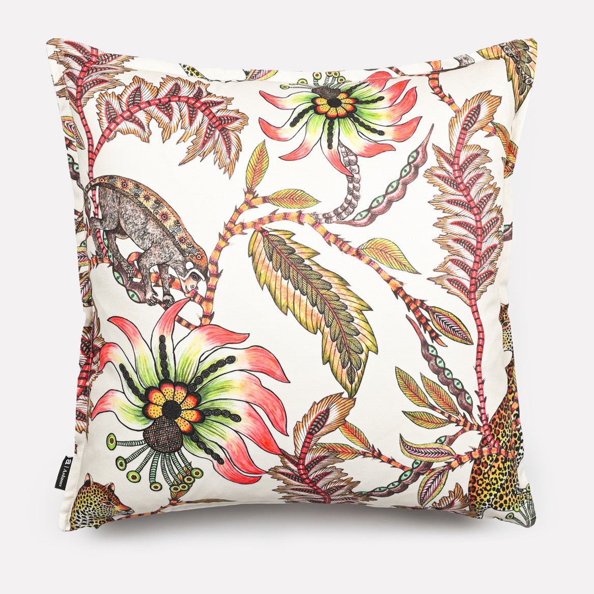 Front view of the Monkey Bean Parakeet cushion cover, showcasing a symmetrical design of tropical plants and wildlife in bright and warm tones.