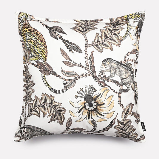 50x50cm double-sided cushion cover in Monkey Bean Stone fabric, featuring a white background with intricate illustrations of monkeys, leopards, and floral designs in neutral and earthy tones.