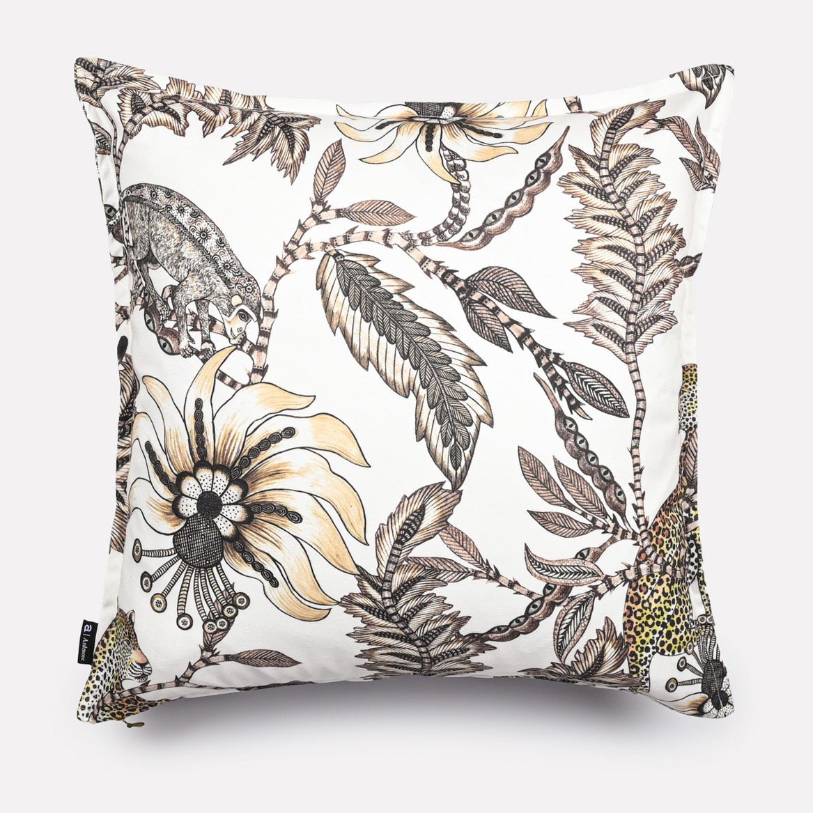 Front view of the Monkey Bean Stone cushion cover, showcasing the detailed wildlife and botanical patterns on a crisp white polyester background.