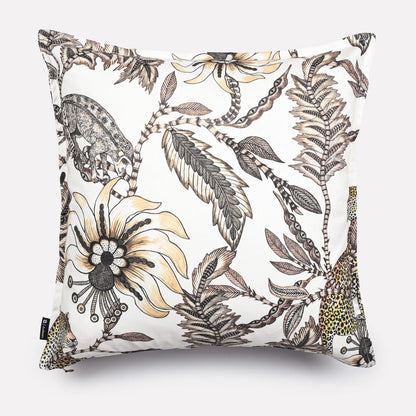 Front view of the Monkey Bean Stone cushion cover, showcasing the detailed wildlife and botanical patterns on a crisp white polyester background.