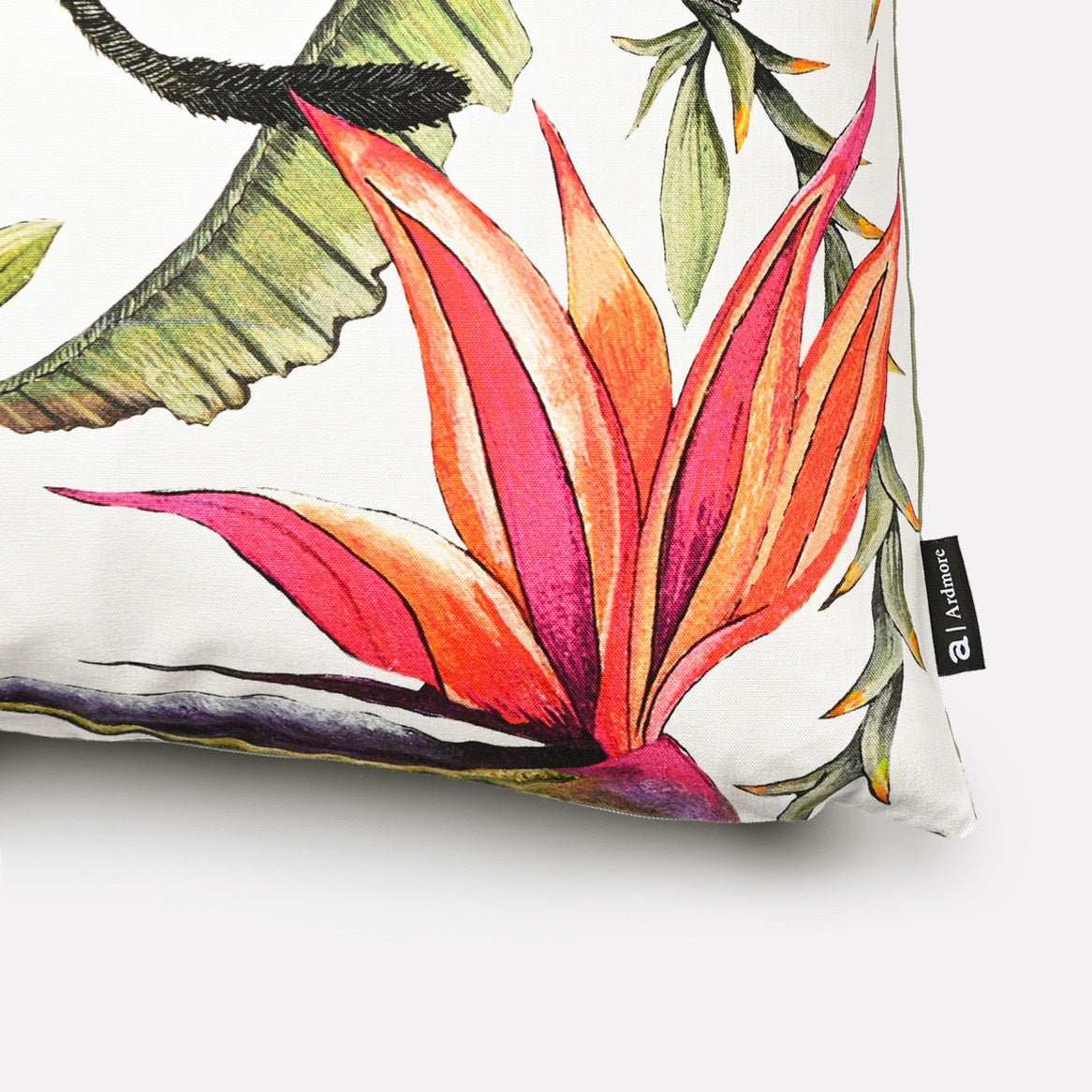 Close-up of the Monkey Paradise Chalk Cushion Cover highlighting the detailed floral and foliage patterns.