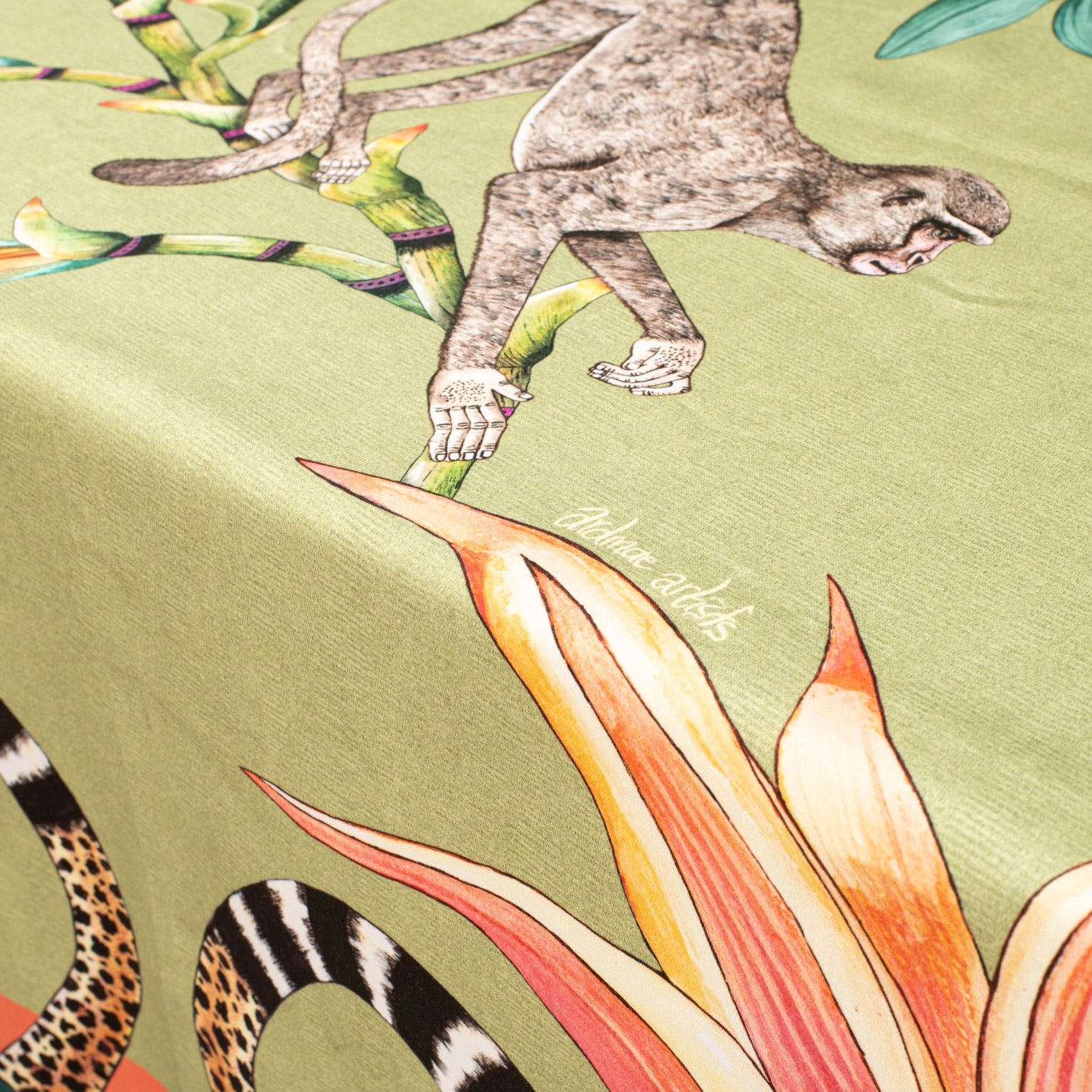 A close-up focusing on a monkey perched on a branch, surrounded by botanical elements.