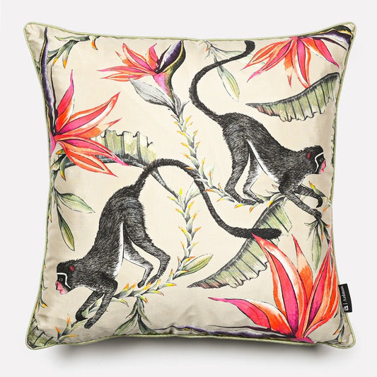 Front view of the Monkey Paradise Stone Silk Cushion Cover featuring playful monkeys amidst tropical flowers on a soft cream background.