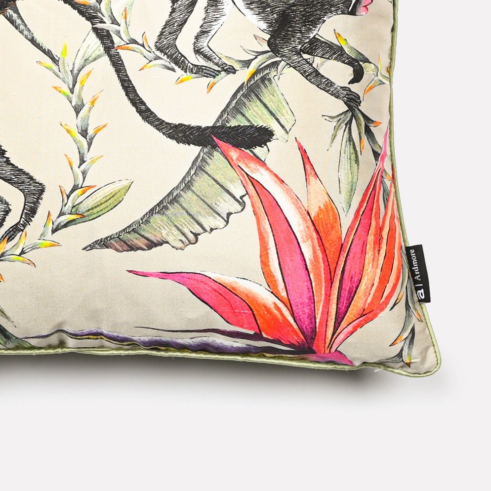 Close-up detail of the Monkey Paradise Stone Silk Cushion Cover showcasing the intricate tropical design and monkey motifs.