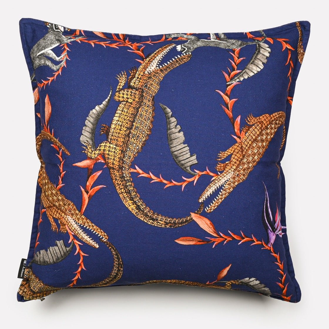 Back view of the River Chase Royal Linen cushion cover showcasing the intricate crocodile and floral pattern with detailed stitching.