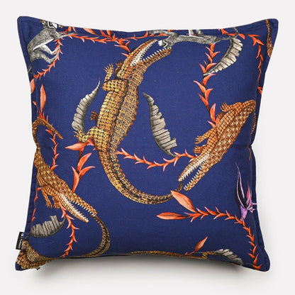 Back view of the River Chase Royal Linen cushion cover showcasing the intricate crocodile and floral pattern with detailed stitching.