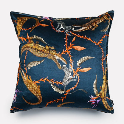 Front view of the River Chase Royal Velvet Cushion Cover, showcasing a rich navy background with intricate gold and floral embroidery.