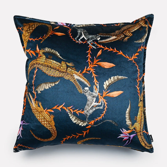 Front view of the River Chase Royal Velvet Cushion Cover, showcasing a rich navy background with intricate gold and floral embroidery.