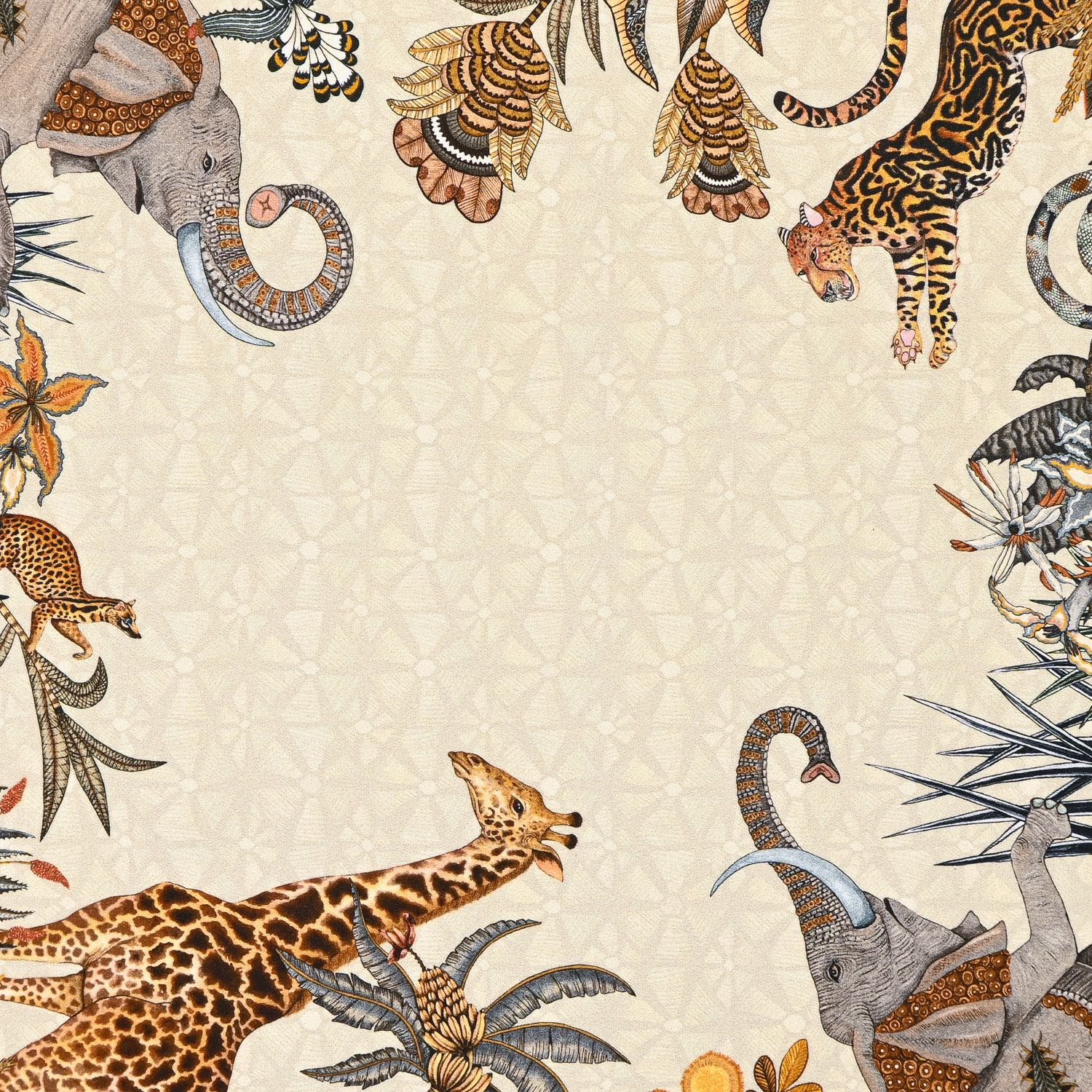A zoomed-in section of the Ardmore Sabie Forest Napkin in Stone, featuring a majestic leopard nestled among lush foliage and delicate botanical elements.