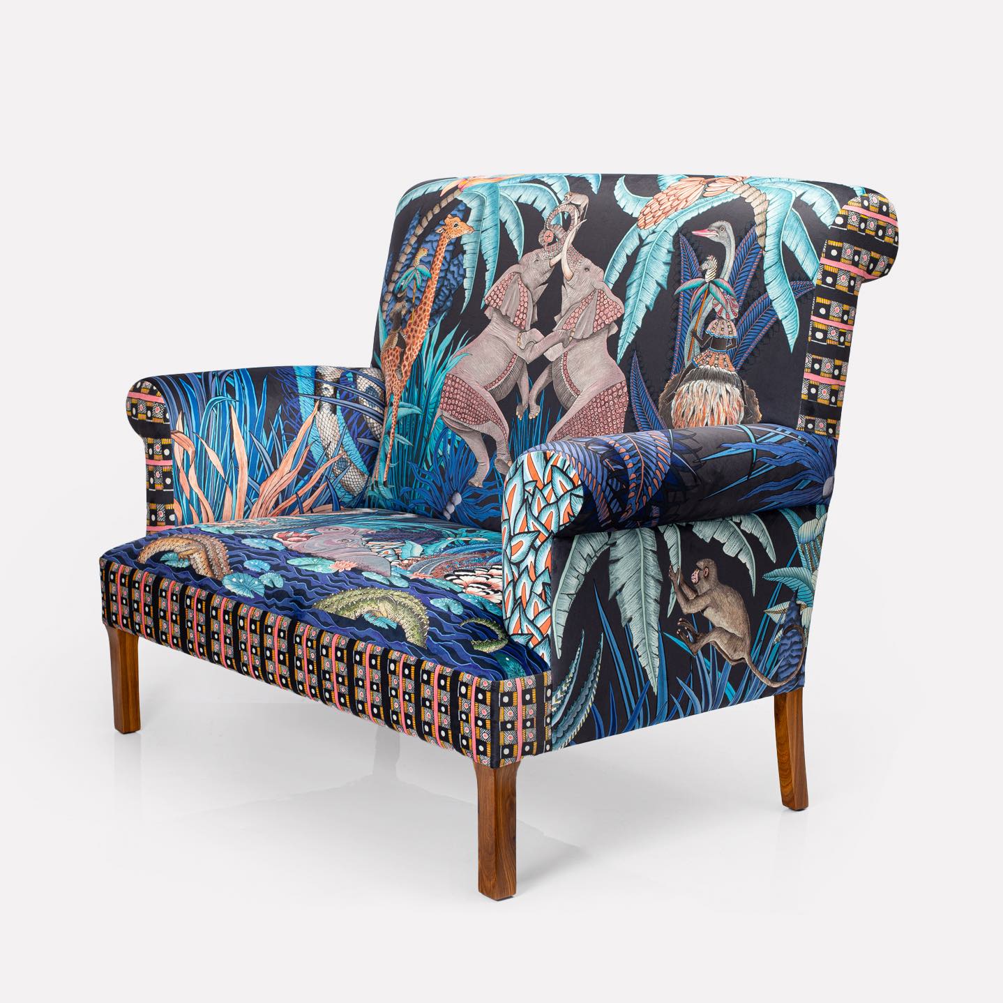 A side-facing perspective displaying both the front and side panels of the sofa in one frame.