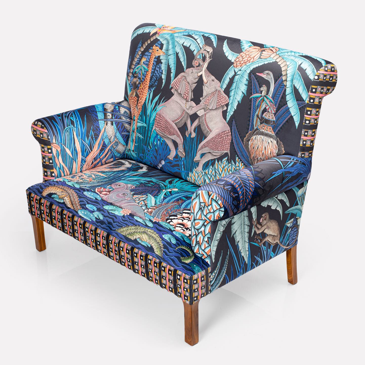 A high profile view of the sofa, showcasing the layout of the armrests, backrest, and seat cushions.