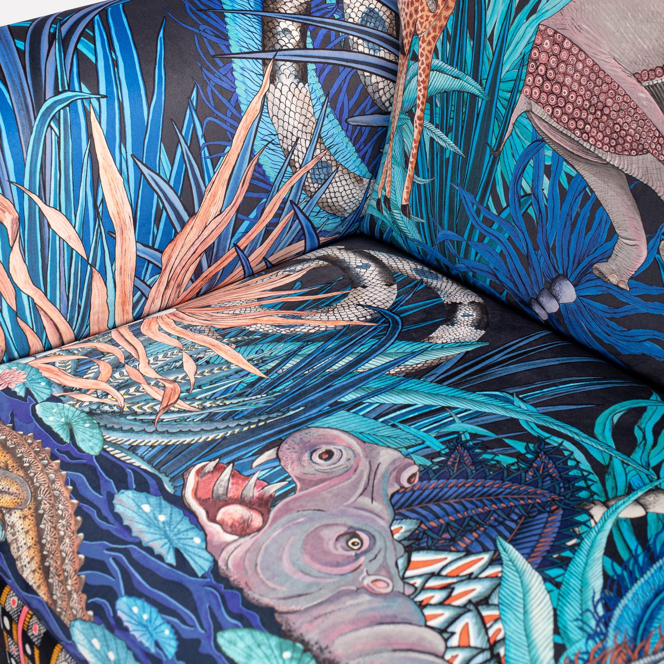 A focus on the seat cushion, illustrating the soft padding and uninterrupted textile patterns.