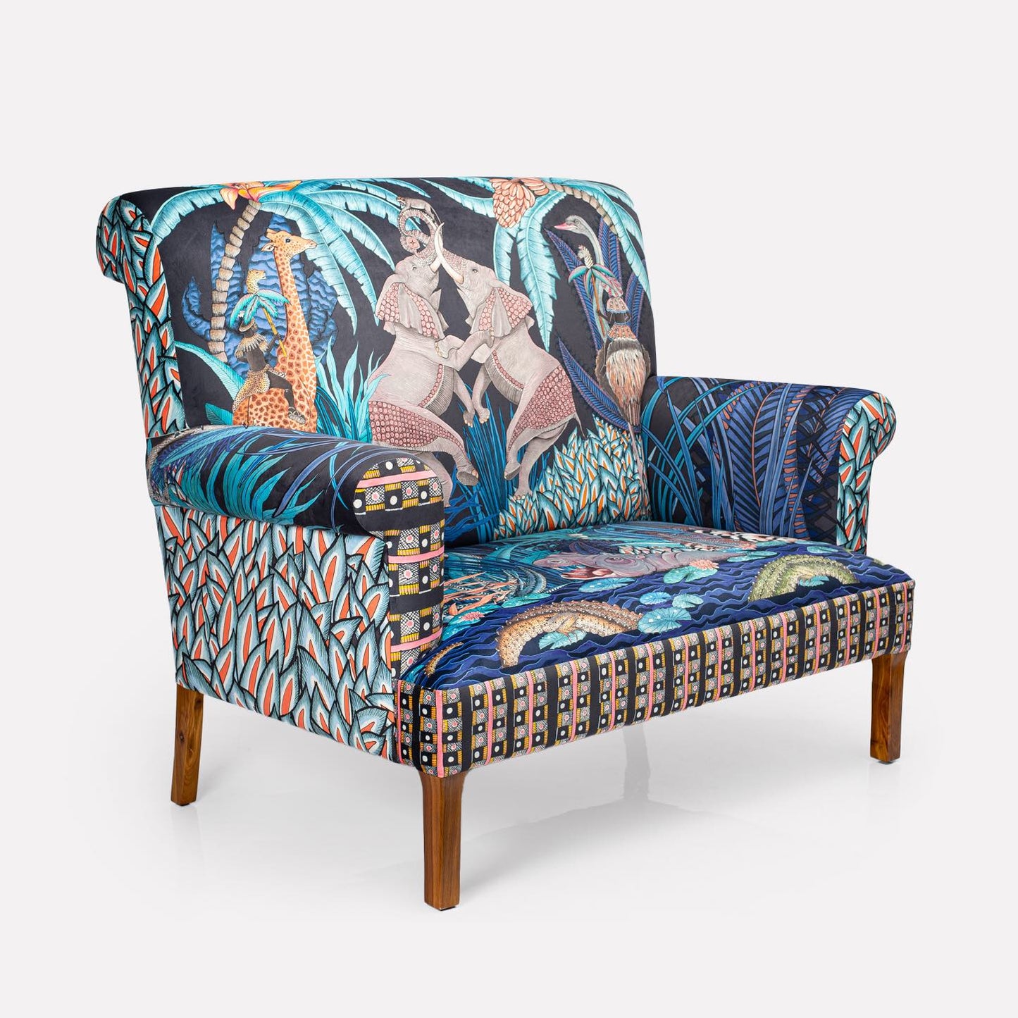 A three-quarter view from the left, displaying the armrest and front panel with its detailed animal motifs.