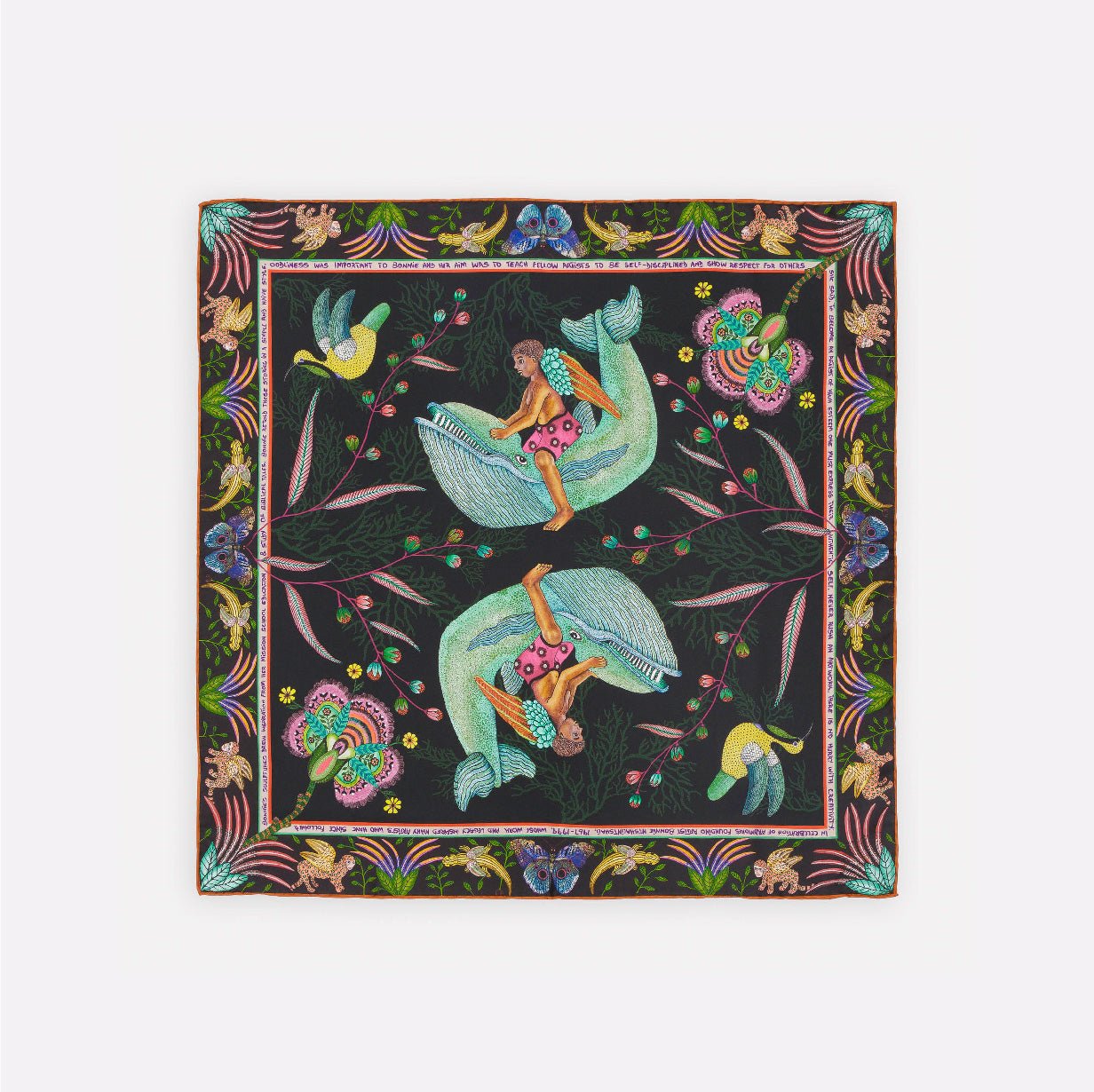 A square silk scarf with a dark moonlit background, adorned with elegant birds in shades of blue and green, surrounded by intricate floral detailing.