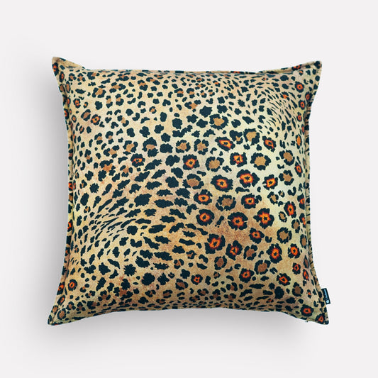Front view of the Thanda Safari Spot Gold Cushion Cover, featuring a vibrant leopard-print design in rich golden tones.