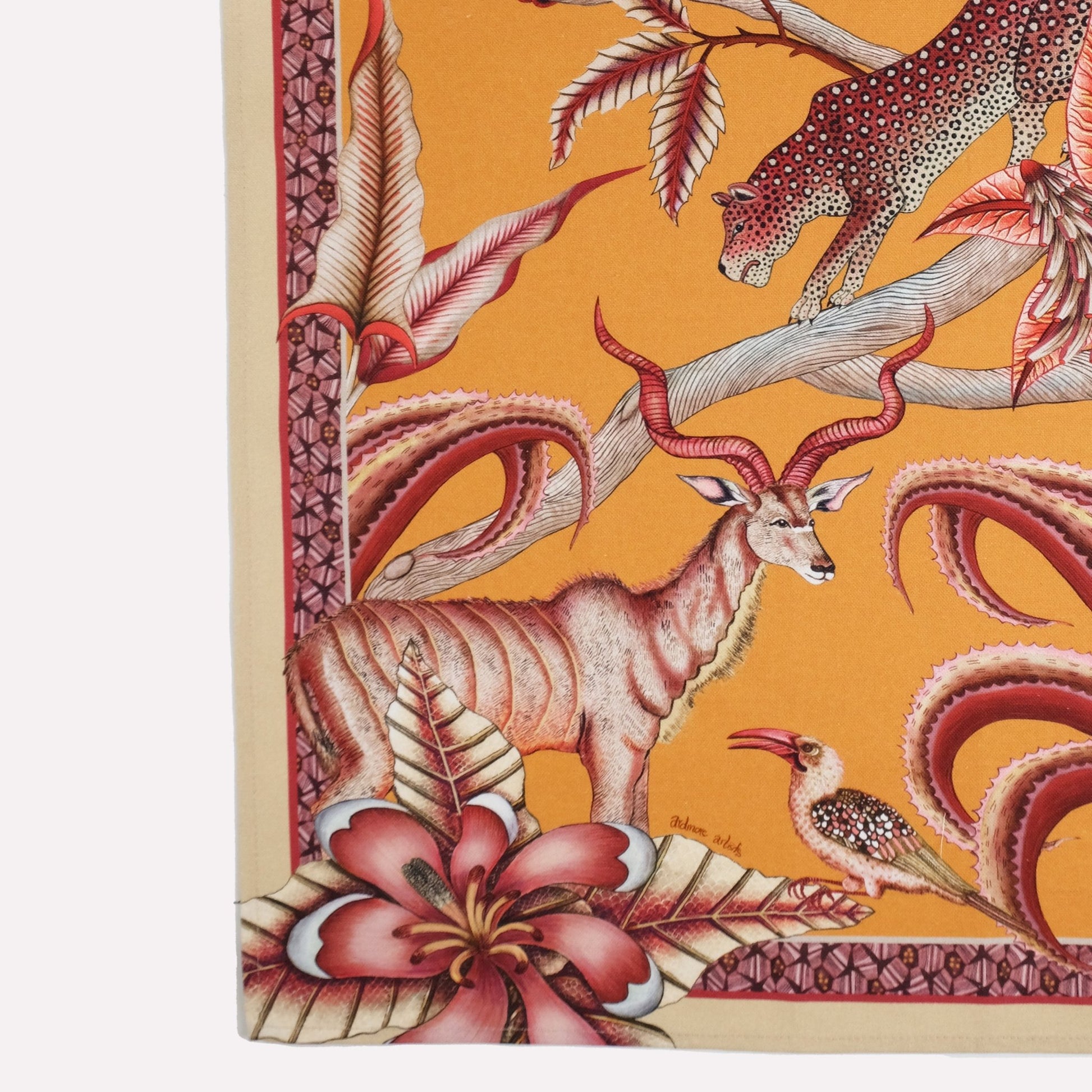 A detailed view highlighting the artistic depiction of African wildlife and lush floral elements, emphasising the rich colours and intricate craftsmanship.