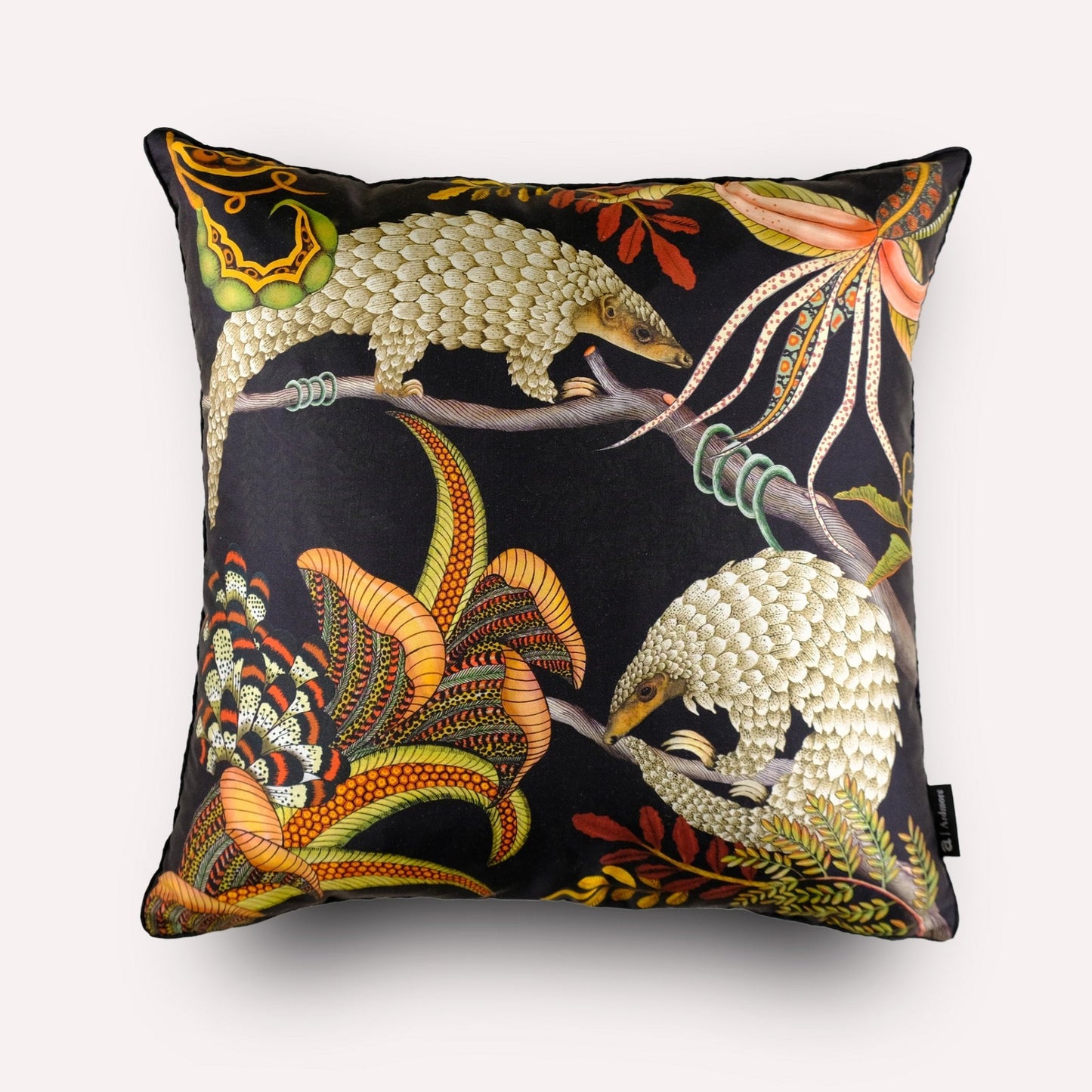 Front view of the Thanda Pangolin in Night Silk Cushion Cover, showcasing a striking design of golden pangolins against a deep black silk background.