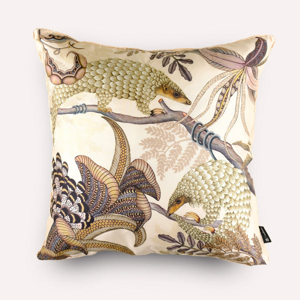 Front view of the Thanda Pangolin in Pearl Silk Cushion Cover, showcasing the intricate pangolin design with golden and earthy tones on a luxurious silk fabric.